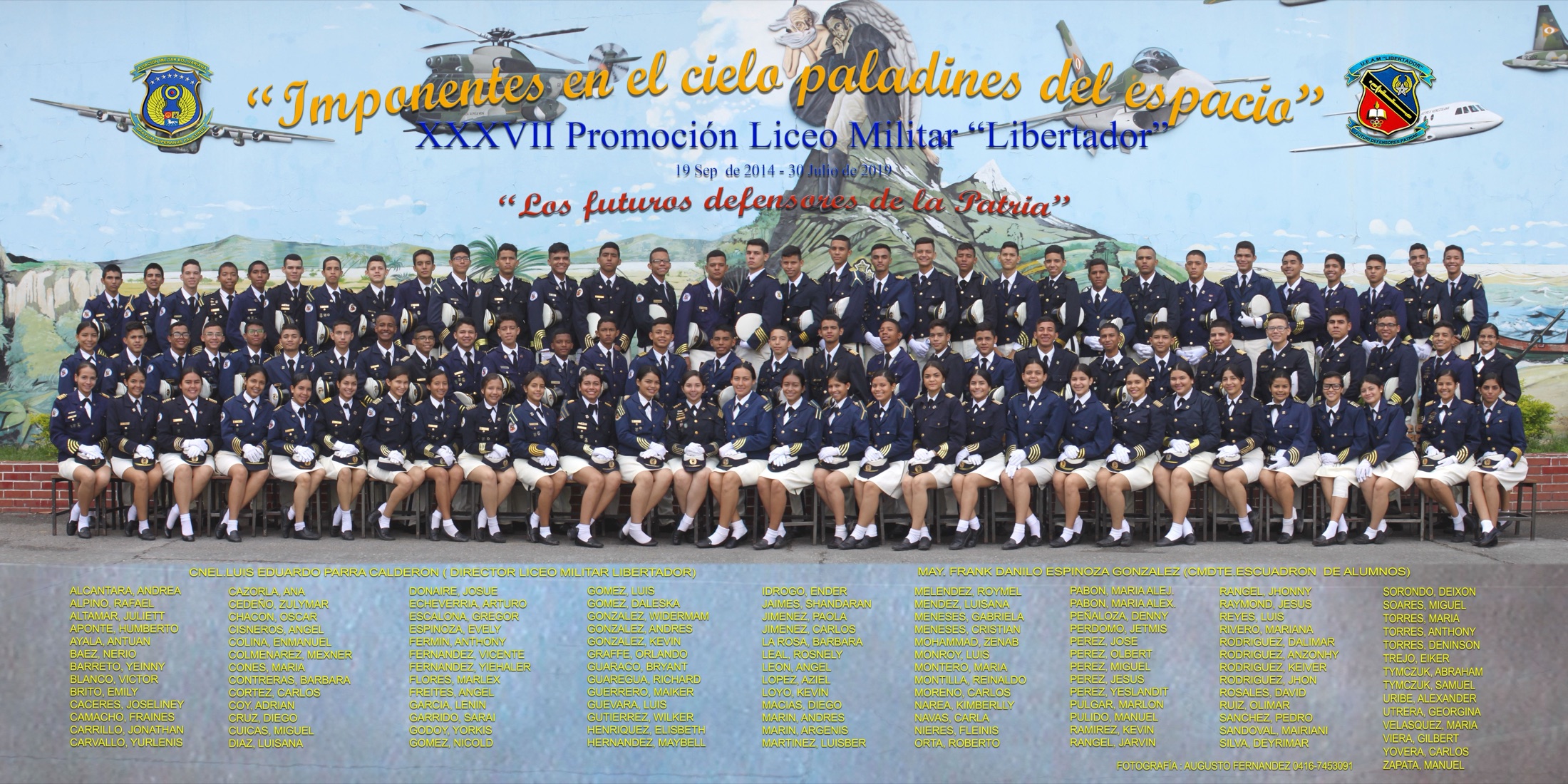 Orla de la XXXVII Promoción Liceo Militar Libertador 2014-2021, lema Imponentes en el cielo paladines del espacio